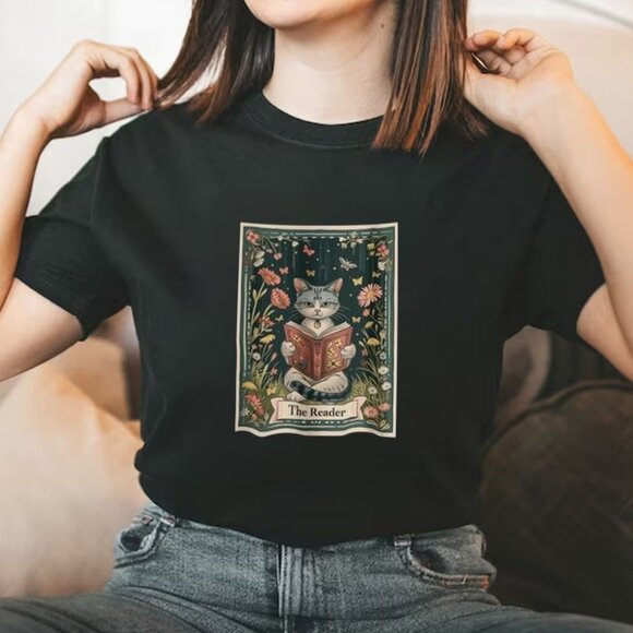 Tops - Cat Tarot T-Shirt, Cat Design Wildflowers Cute Cat Love Shirt